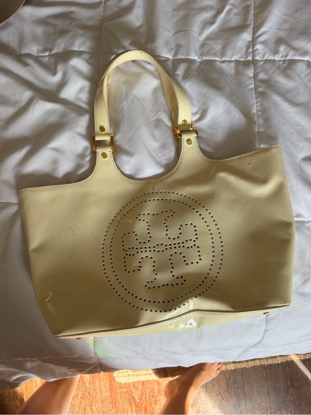 Tory Burch Pale Yellow Patent Perforated Logo Tote